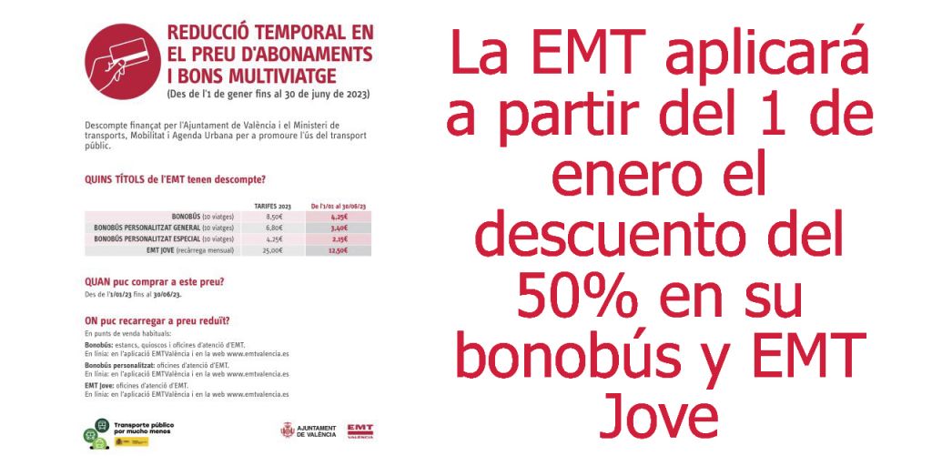  La EMT aplicará a partir del 1 de enero el descuento del 50% en su bonobús y EMT Jove